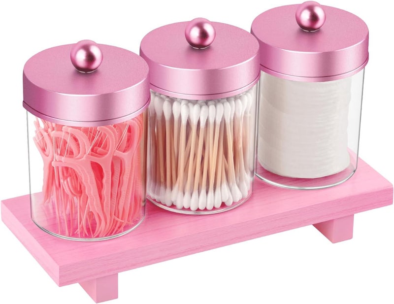 MKOSAB Pink Qtip Holder Bathroom Set - 3 Pack Apothecary Jars with Metal Lids and Vanity Tray.Bathroom Organizers and Storage, Cute Vanity Makeup Organizer, Bathroom Decor Accessories - Image 1